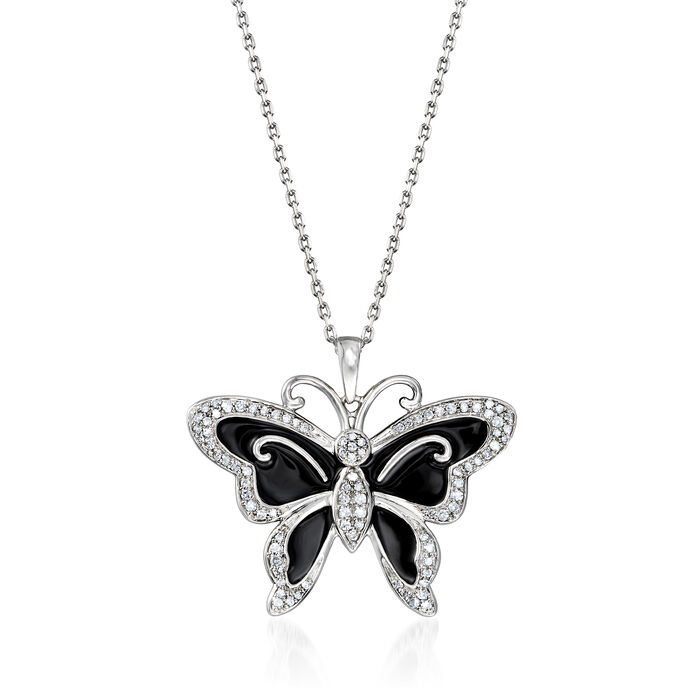 .25 ct. t.w. Diamond and Black Enamel Butterfly Pendant Necklace in Sterling Silver