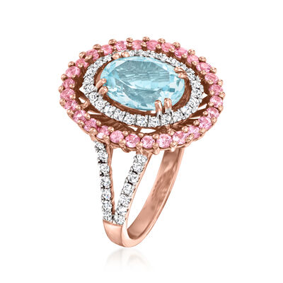 2.50 Carat Aquamarine and .70 ct. t.w. Pink Sapphire Ring with .44 ct. t.w. Diamonds in 14kt Rose Gold