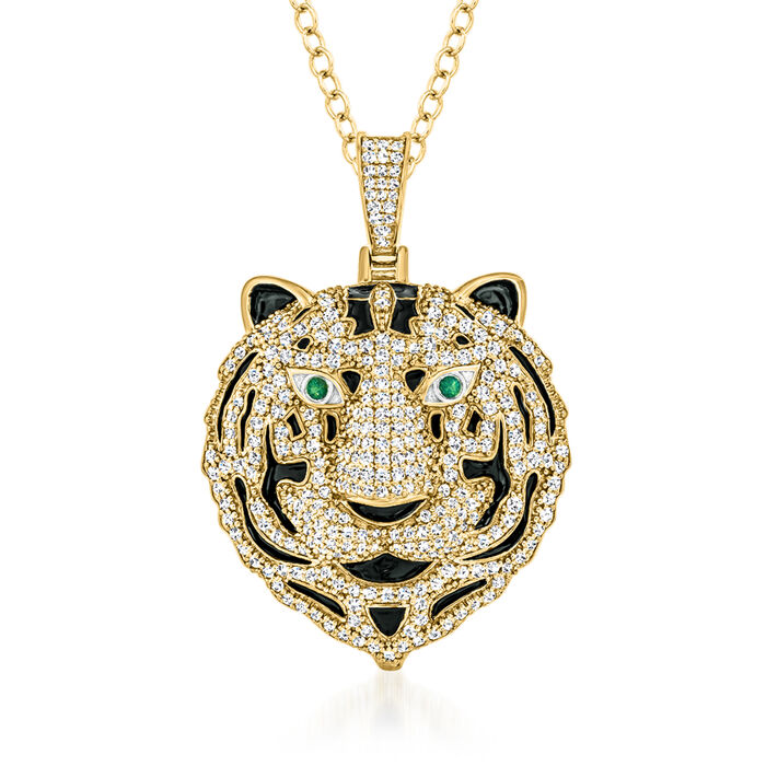 1.75 ct. t.w. Diamond Tiger Head Pendant Necklace with Emerald Accents and Black Enamel in 18kt Gold Over Sterling