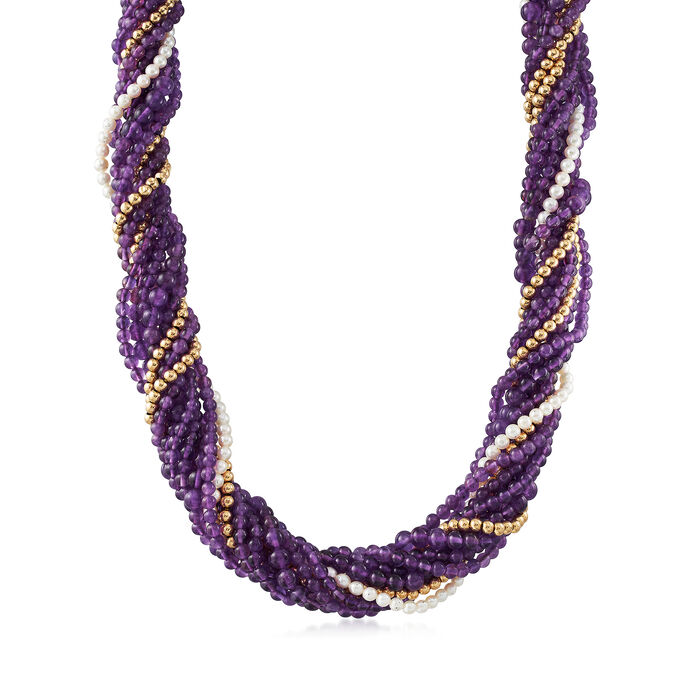C. 1970 Vintage Amethyst and Cultured Pearl 10-Row Beaded Necklace in 14kt Yellow Gold