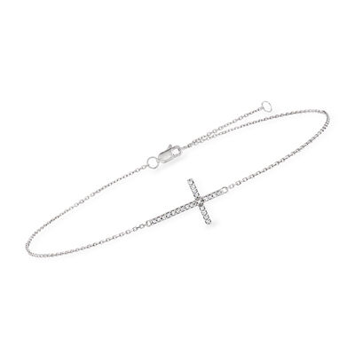 14kt White Gold Sideways Cross Anklet with Diamond Accents