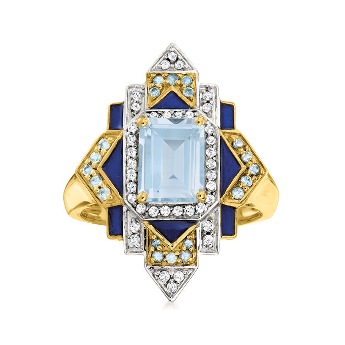 2.10 ct. t.w. London Blue, Sky Blue and White Topaz Ring with Blue Enamel in 18kt Gold Over Sterling