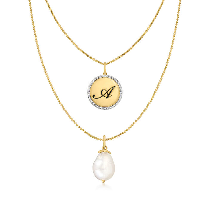18kt Gold Over Sterling Layered Initial Necklace with 11-12mm Cultured Baroque Pearl and Diamond Accents