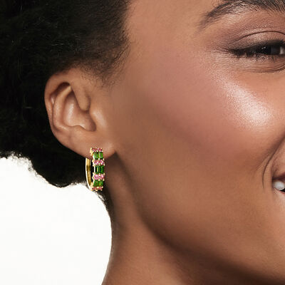 1.70 ct. t.w. Chrome Diopside and 1.20 ct. t.w. Pink Tourmaline Hoop Earrings in 18kt Gold Over Sterling
