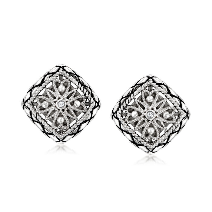 Andrea Candela &quot;Vida De Plata&quot; Sterling Silver Square Earrings with Diamond Accents and Black Enamel