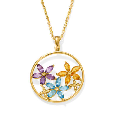 3.00 ct. t.w. Multi-Gemstone Floral Pendant Necklace in 18kt Gold Over Sterling