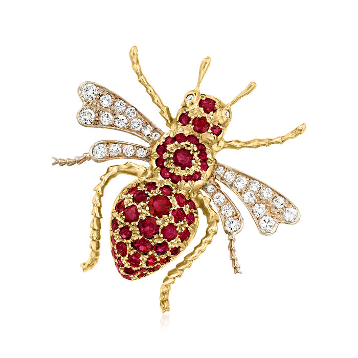 C. 1970 Vintage 4.00 ct. t.w. Ruby and .80 ct. t.w. Diamond Bumblebee Pin in 14kt Yellow Gold