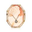 C. 1950 Vintage Shell Cameo Pin Pendant With Diamond Accents in 14kt White Gold
