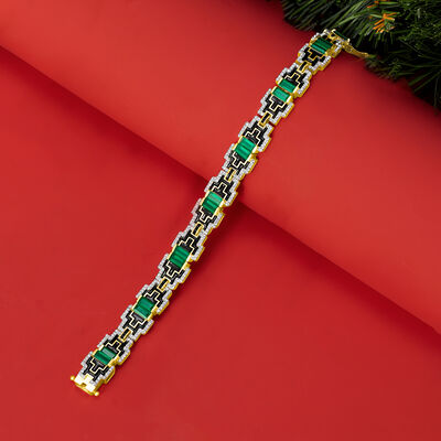 Green Chalcedony and 1.90 ct. t.w. White Topaz Bracelet with Black Enamel in 18kt Gold Over Sterling