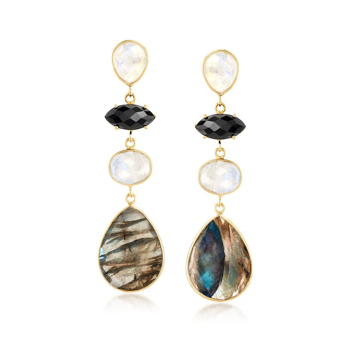 Labradorite and Moonstone Drop Earrings with Black Onyx in 18kt Gold Over Sterling