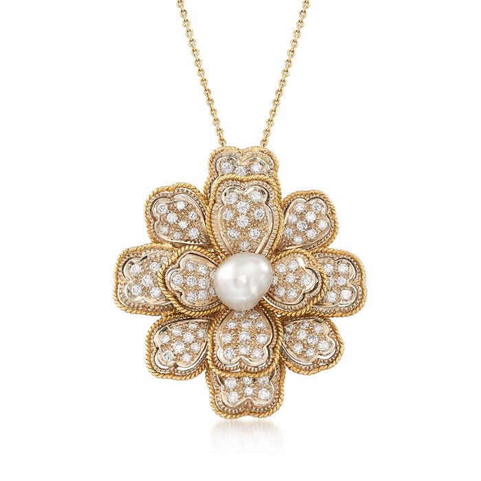 C. 1970 Vintage 10x9mm Cultured Pearl and 3.30 ct. t.w. Diamond Floral Pendant Necklace in 14kt and 18kt Gold