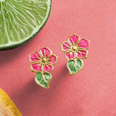 Italian Pink and Green Enamel Flower Earrings in 14kt Yellow Gold
