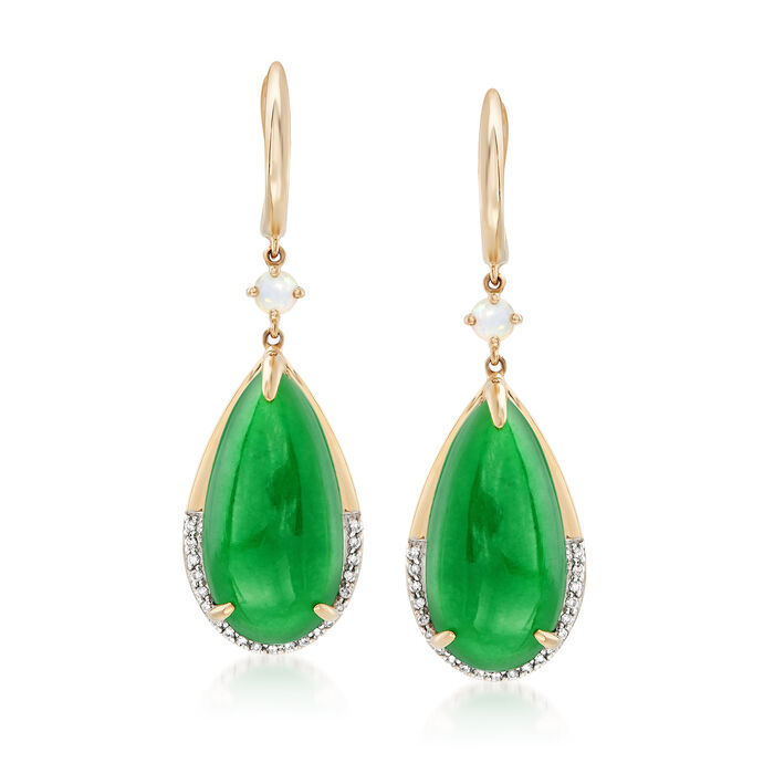 Green Jade and .16 ct. t.w. Diamond Drop Earrings in 14kt Yellow Gold