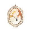 C. 1940 Vintage Brown Shell Cameo Pin/Pendant with Diamond Accent in 14kt White Gold