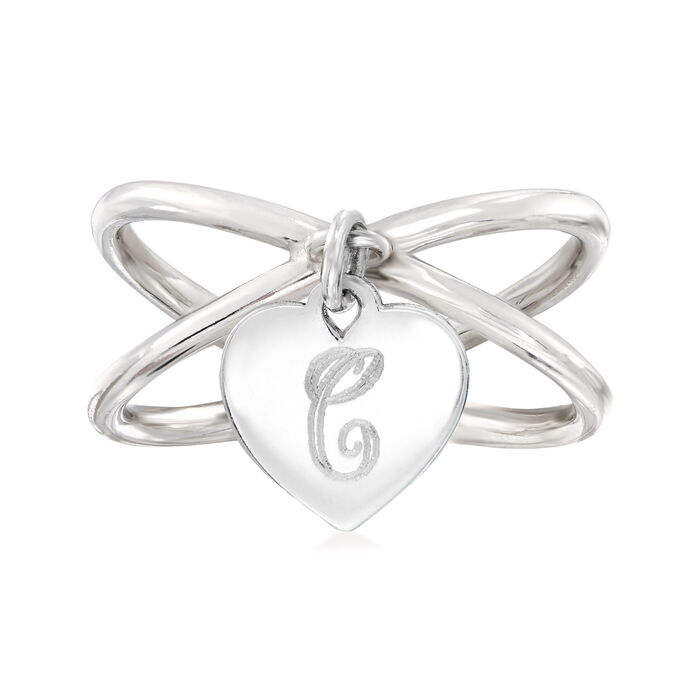 Sterling Silver Personalized Single-Initial Heart Charm Crisscross Ring