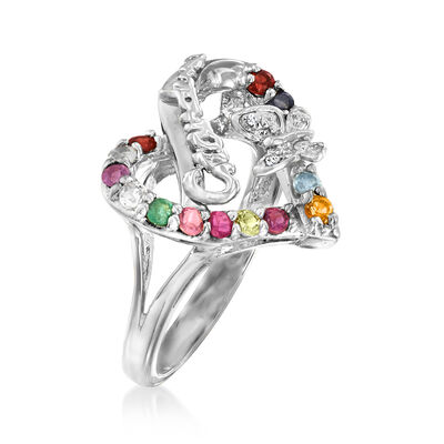 Personalized Birthstone Grandma Heart Ring in Sterling Silver