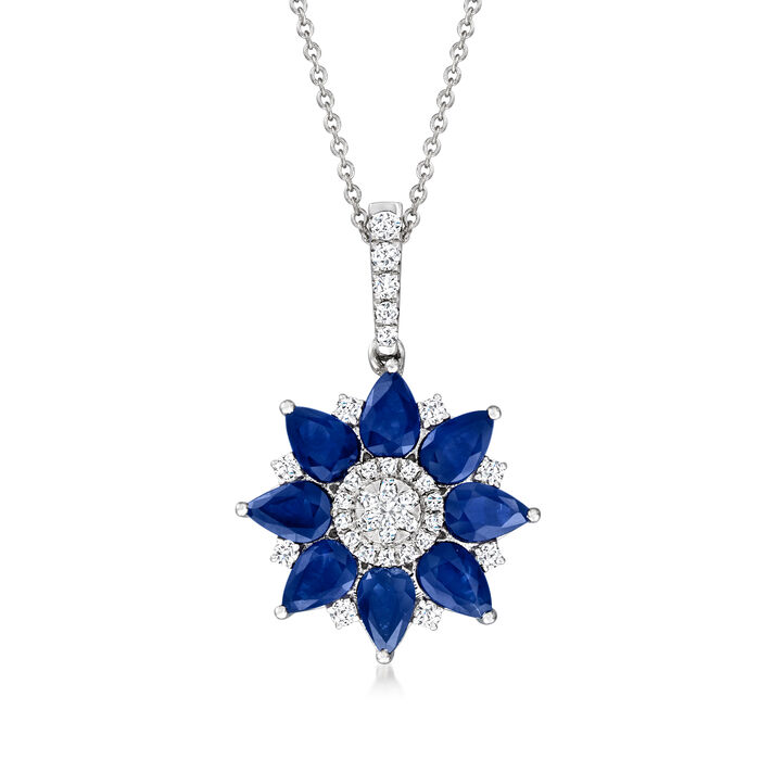 3.50 ct. t.w. Sapphire and .41 ct. t.w. Diamond Flower Pendant Necklace in 14kt White Gold