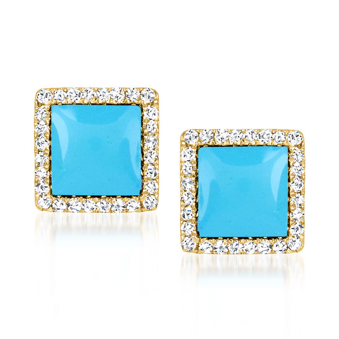 Turquoise and .14 ct. t.w. Diamond Square Earrings in 14kt Yellow Gold
