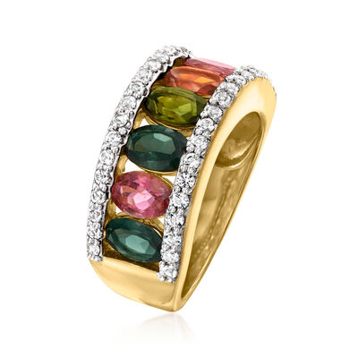 3.10 ct. t.w. Multicolored Tourmaline Ring with .70 ct. t.w. White Topaz in 18kt Gold Over Sterling