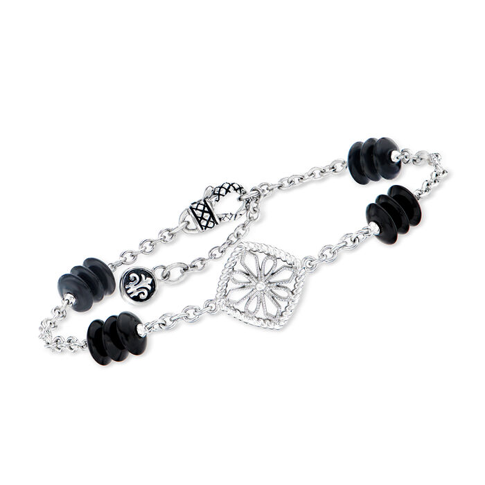 Andrea Candela &quot;Onix Ola&quot; 7mm Black Onyx Bead and Geometric Floral Station Bracelet with Diamond Accents in Sterling Silver