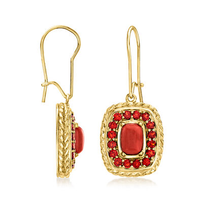 Red Jade and 1.20 ct. t.w. Garnet Etruscan-Style Drop Earrings in 18kt Gold Over Sterling