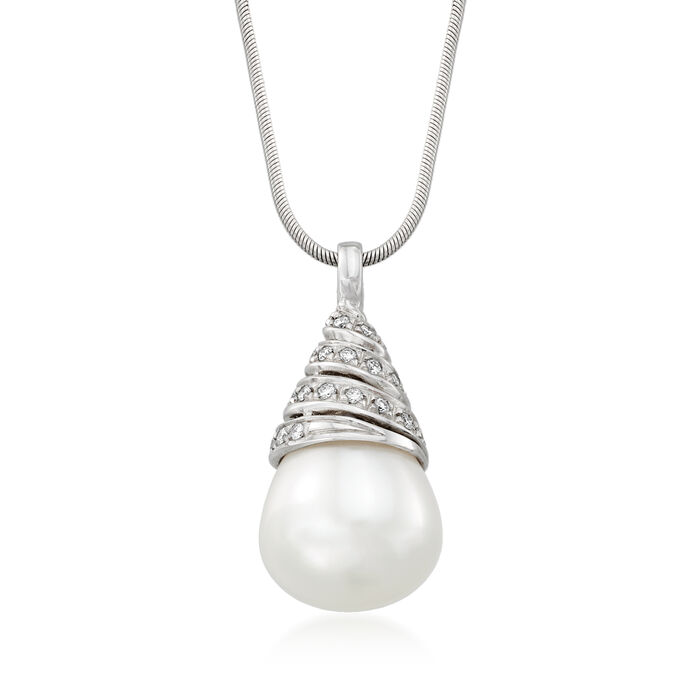 C. 1990 Vintage Assael 14x12.5mm Cultured South Sea Pearl and .40 ct. t.w. Diamond Swirl Pendant Necklace in 18kt White Gold
