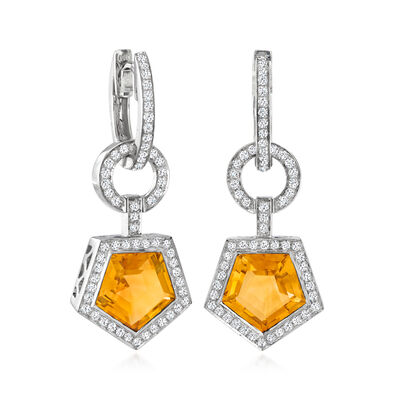 3.30 ct. t.w. Citrine and .67 ct. t.w. Diamond Hoop Drop Earrings in 14kt White Gold