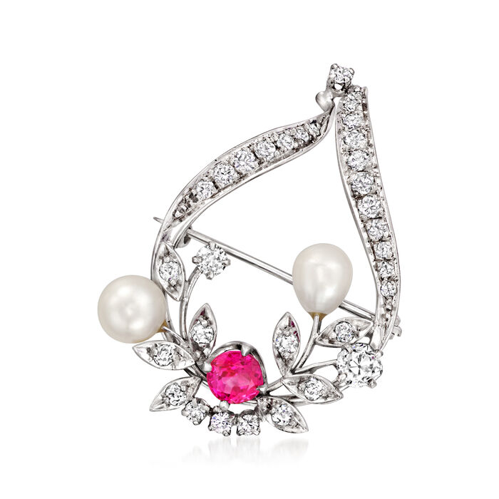 C. 1950 Vintage 6.5mm Cultured Pearl, .94 Carat Ruby and 1.50 ct. t.w. Diamond Floral Pin in Platinum
