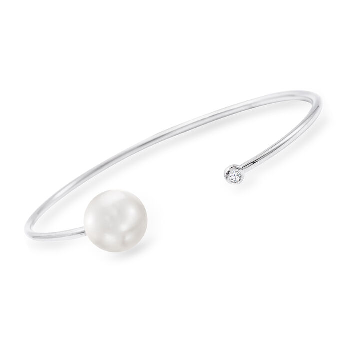 11-12mm Cultured South Sea Pearl Cuff Bracelet with Diamond Accent in 18kt White Gold