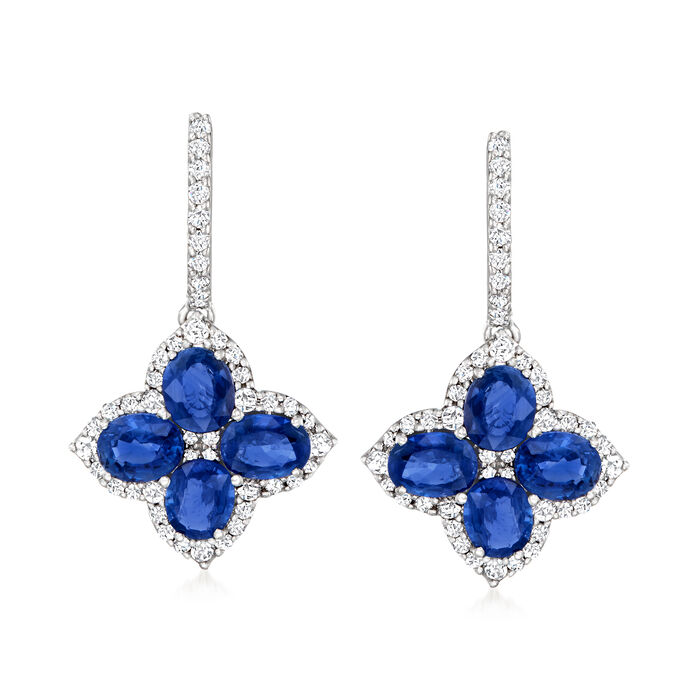 3.50 ct. t.w. Sapphire and .66 ct. t.w. Diamond Flower Drop Earrings in 14kt White Gold