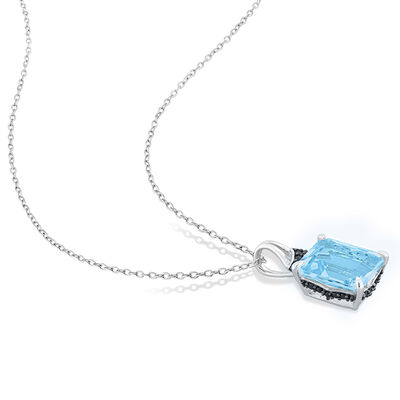 7.25 Carat Sky Blue Topaz Pendant Necklace with Black Sapphire Accents in Sterling Silver