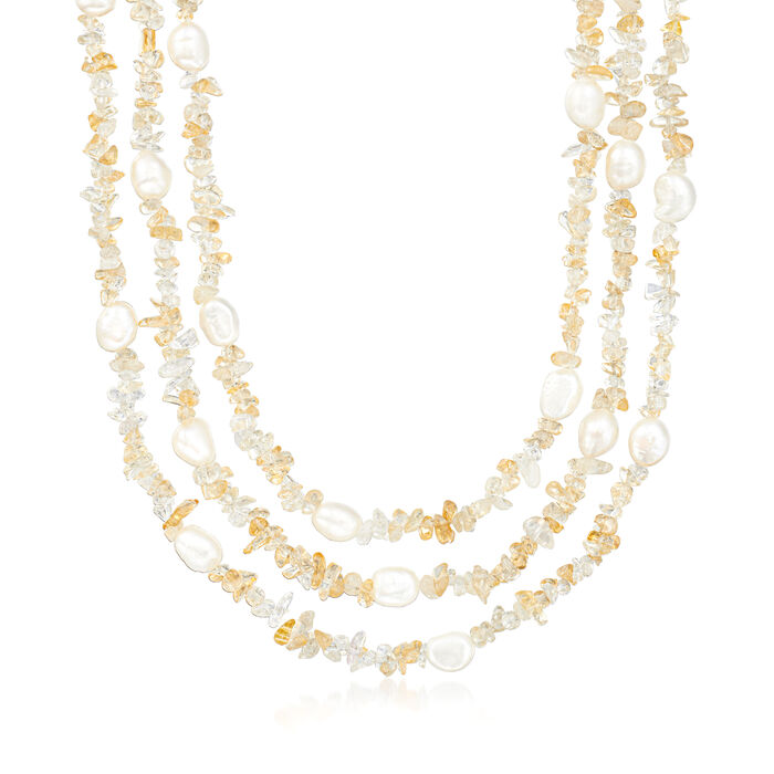 105.00 ct. t.w. Citrine Bead and 6.5-9.5mm Cultured Pearl Torsade Necklace with Sterling Silver