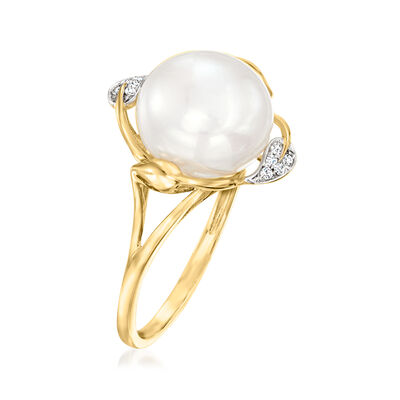 10-10.5mm Cultured Pearl Leaf Ring with Diamond Accents in 14kt Yellow Gold