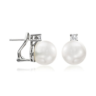 11-12mm Cultured South Sea Pearl and .29 ct. t.w. Diamond Earrings in 18kt White Gold