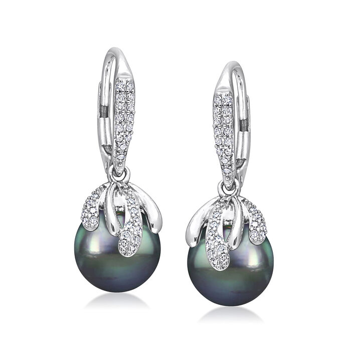 9.5-10mm Black Cultured Tahitian Pearl Drop Earrings with .29 ct. t.w. Diamonds in 14kt White Gold