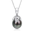 9.5-10mm Black Cultured Tahitian Pearl Pendant Necklace with Diamond Accents in 14kt White Gold