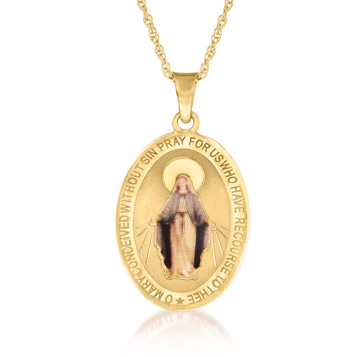 14kt Yellow Gold Miraculous Medal Necklace with Multicolored Enamel