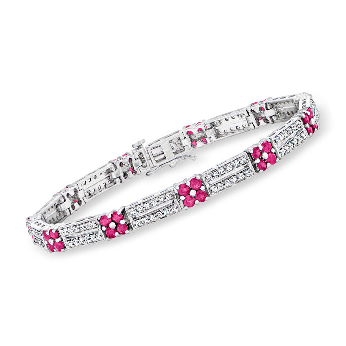3.00 ct. t.w. Ruby and 1.05 ct. t.w. Diamond Two-Row Flower Bracelet in 14kt White Gold