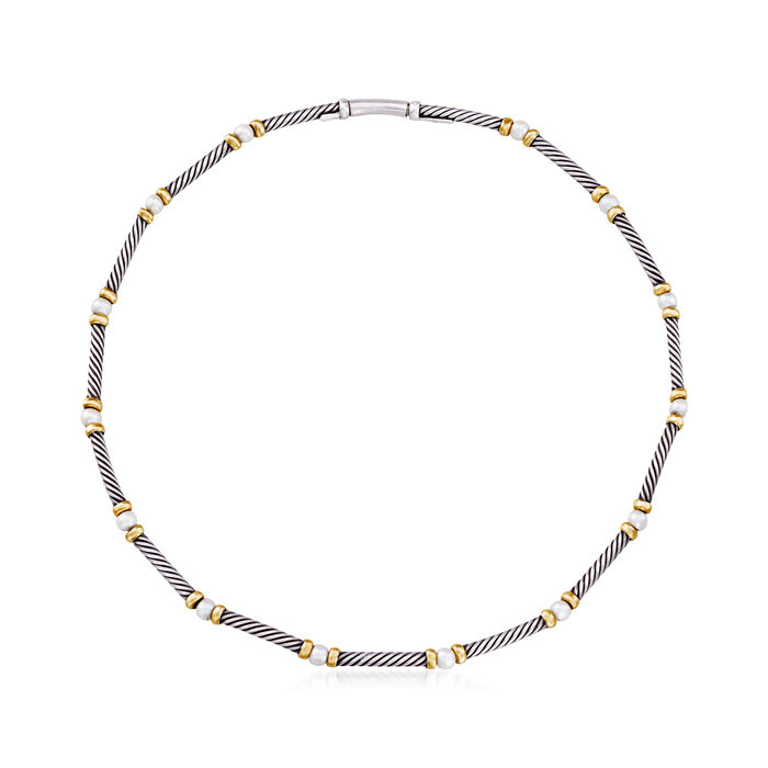 C. 1990 Vintage David Yurman 4mm Cultured Pearl Station Necklace in Sterling Silver and 14kt Yellow Gold