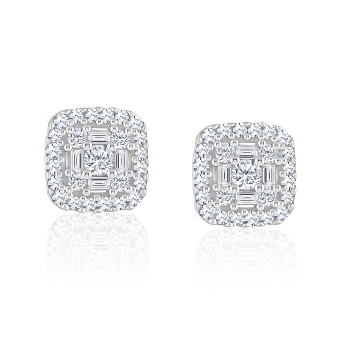 .32 ct. t.w. Baguette and Round Diamond Square Cluster Earrings in 14kt White Gold