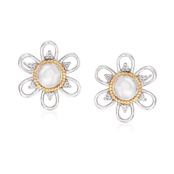 4.5mm Cultured Pearl and .10 ct. t.w. White Topaz Flower Earrings in Sterling Silver with 14kt Yellow Gold