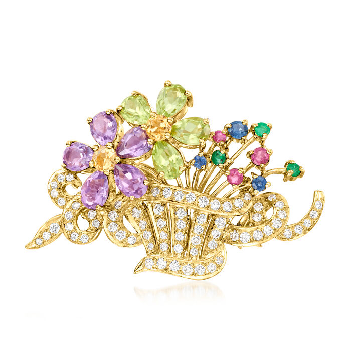 C. 1980 Vintage 2.83 ct. t.w. Multi-Gemstone and 1.00 ct. t.w. Diamond Flower Basket Pin in 18kt Yellow Gold