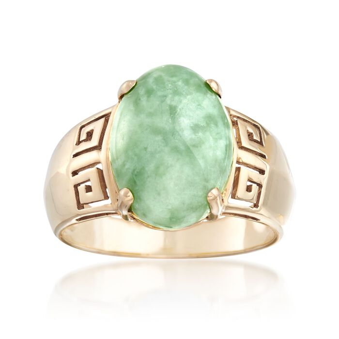 C. 1990 Vintage Green Jade Greek Key Ring in 14kt Yellow Gold | Ross-Simons
