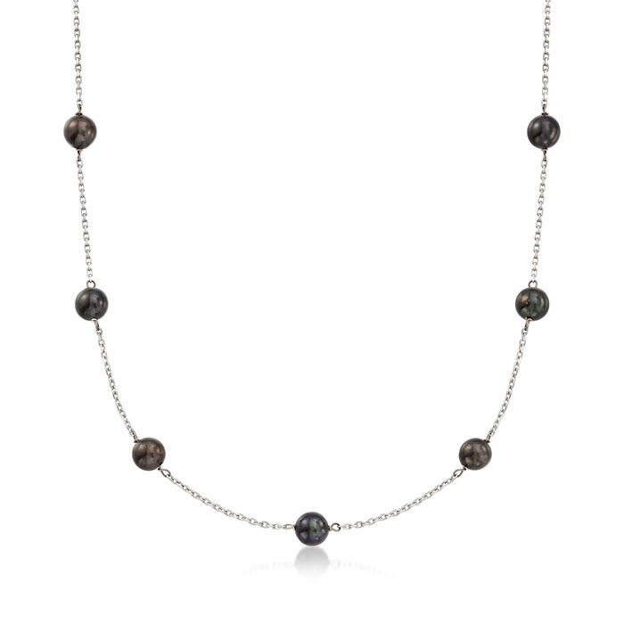C. 2000 Vintage 6.5mm Black Cultured Pearl Station Necklace in 14kt White Gold