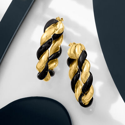Italian Black Enamel and 18kt Gold Over Sterling Twisted Hoop Earrings