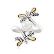 7mm Cultured Mabe Pearl Bali-Style Dragonfly Bypass Ring in Sterling Silver and 18kt Yellow Gold