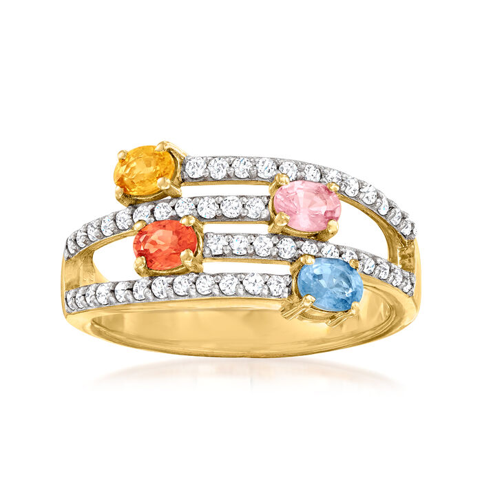 .90 ct. t.w. Multicolored Sapphire and .50 ct. t.w. White Zircon Multi-Row Ring in 18kt Gold Over Sterling Silver