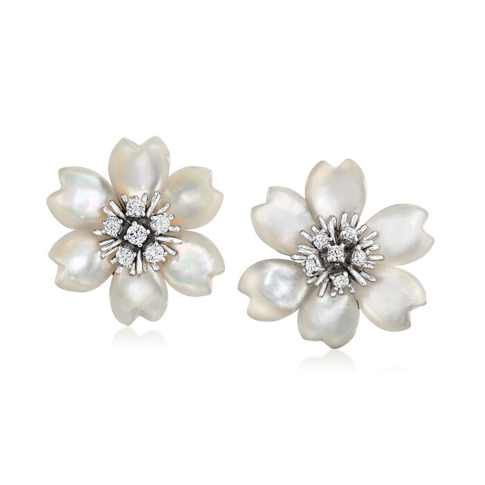 C. 1980 Vintage Mother-of-Pearl and .80 ct. t.w. Diamond Flower Clip-On Earrings in 18kt White Gold