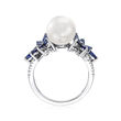 9-9.5mm Cultured Pearl and .78 ct. t.w. Sapphire Ring with .13 ct. t.w. Diamonds in 14kt White Gold