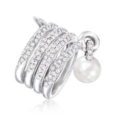 Italian 9-10mm Cultured South Sea Pearl and 6.15 ct. t.w. Diamond Spiral Ring in 18kt White Gold